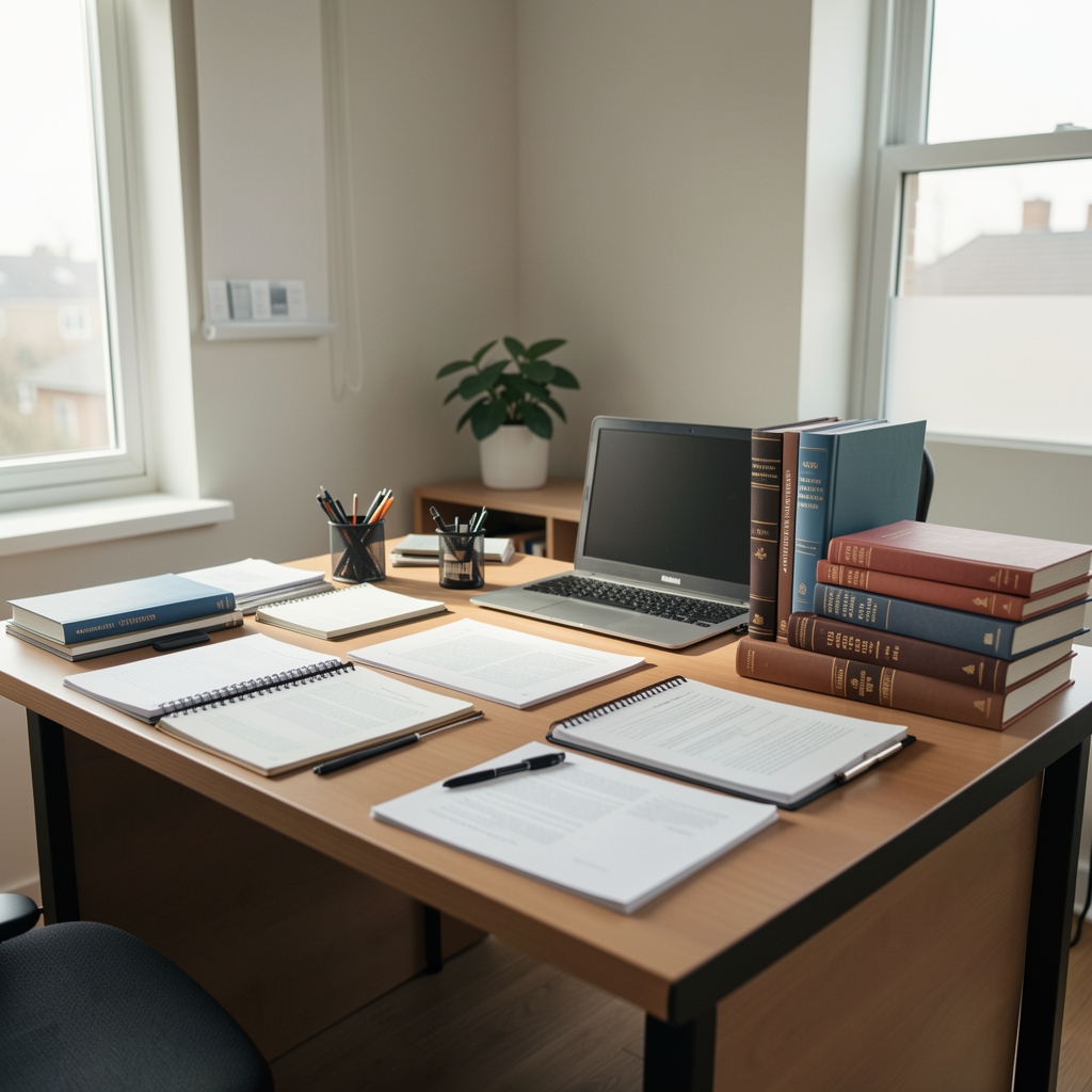 Pogled na radni sto istraživača sa dokumentima, beleškama i knjigama raspoređenim uredno u neutralnoj kancelariji prirodnog svetla