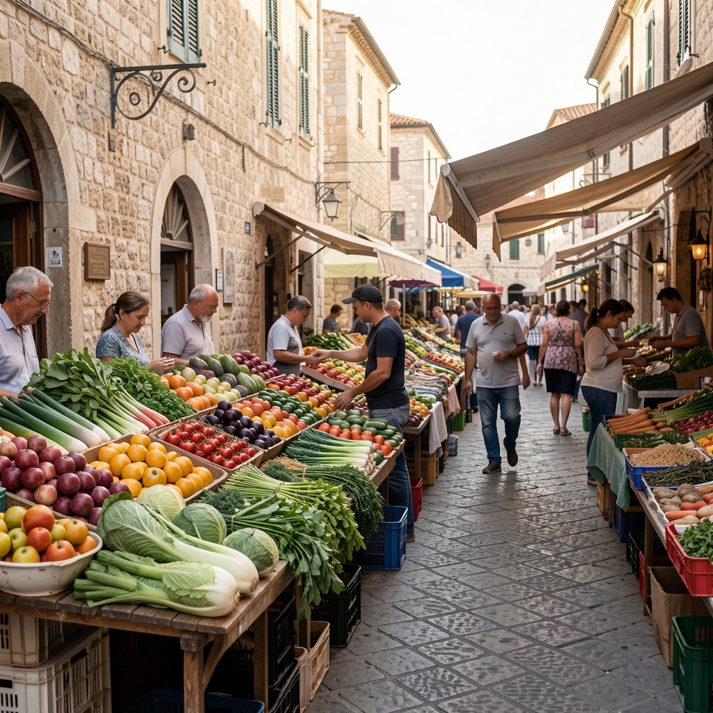 Tržnica u mediteranskom gradu sa raznovrsnim sveže izloženim povrćem i voćem, dokumentarni kadar sa niskim zasićenjem boja