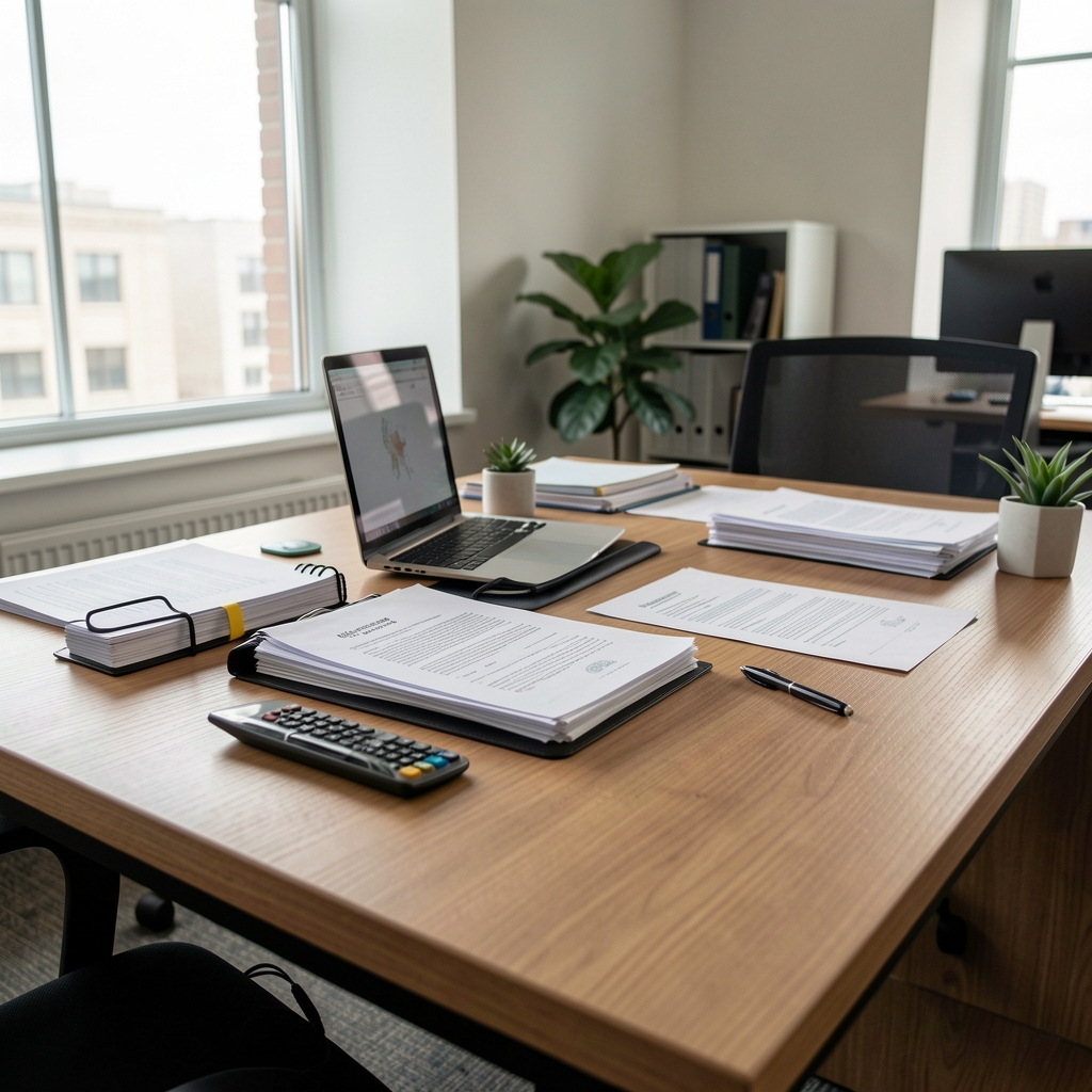 Moderan radni sto sa papirima i pisaćim priborom u urednoj kancelariji prirodno osvetljenoj, dokumentarni kadar