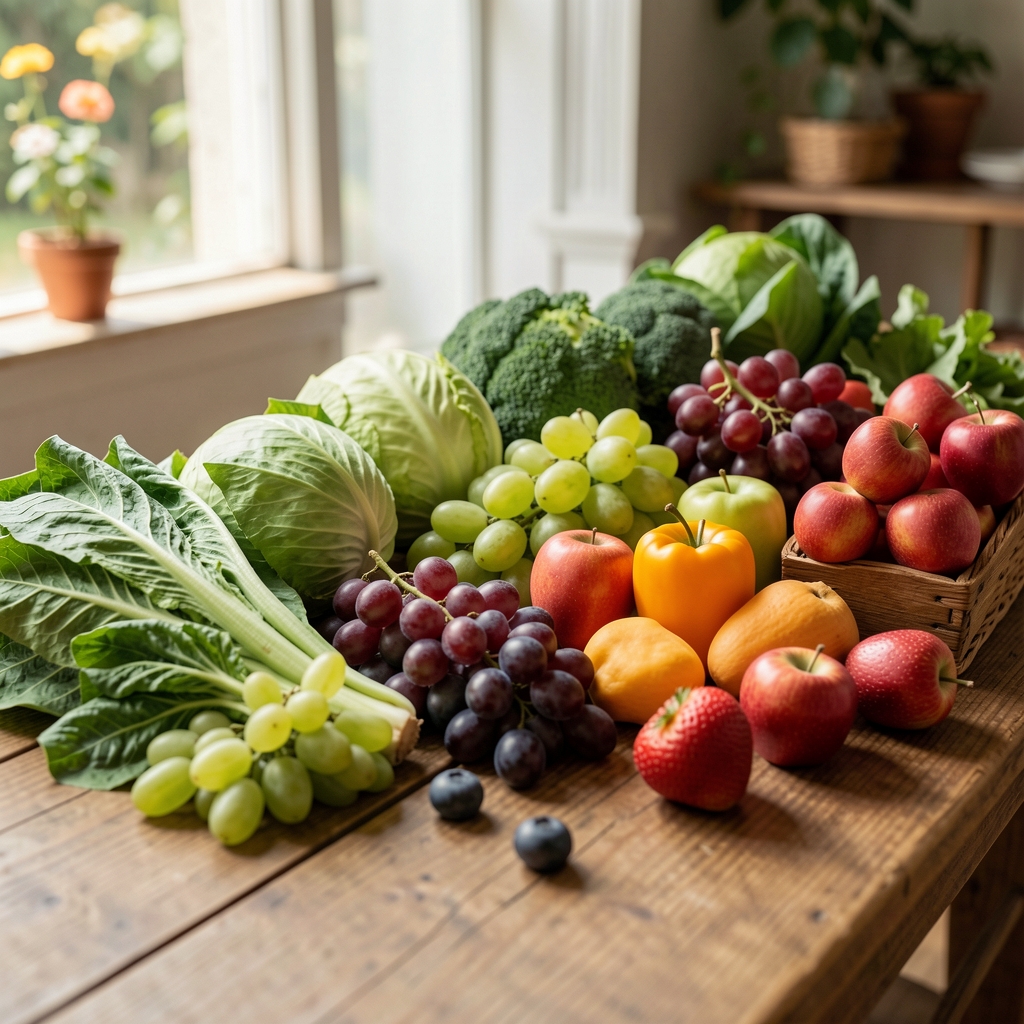 Raznovrsno povrće i voće raspoređeno na drvenom stolu u prirodnom dnevnom svetlu, dokumentarni kadar pijačne kompozicije