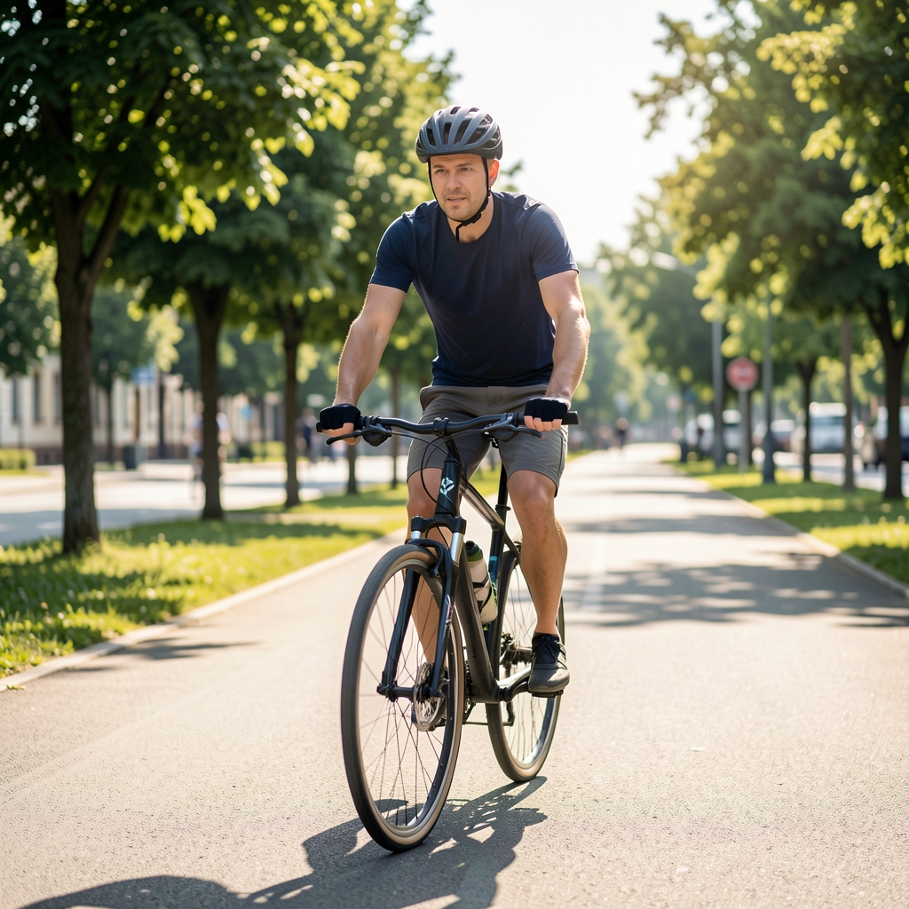 Biciklista na gradskoj stazi u sunčanom danu, umeren tempo, dokumentarna fotografija aktivnog načina života